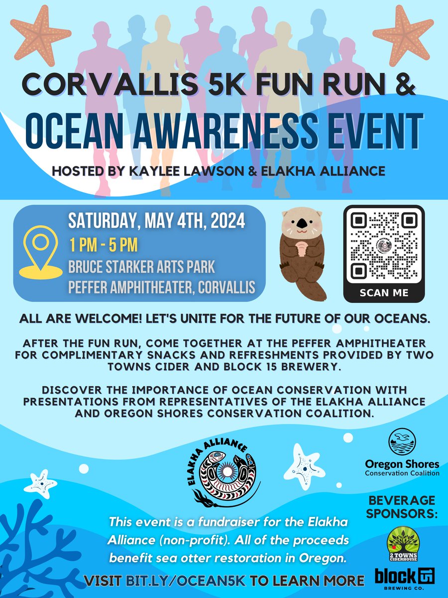 It's not too late to register for our #Corvallis 5K Fun Run & Ocean Awareness Event on Saturday May 4th --> bit.ly/Ocean5k

After the race, participants will enjoy refreshments from @2TownsCider + @Block15Brewing 🍻🏃

#seaotters #seaotter #oregonstate #funrun #oregon