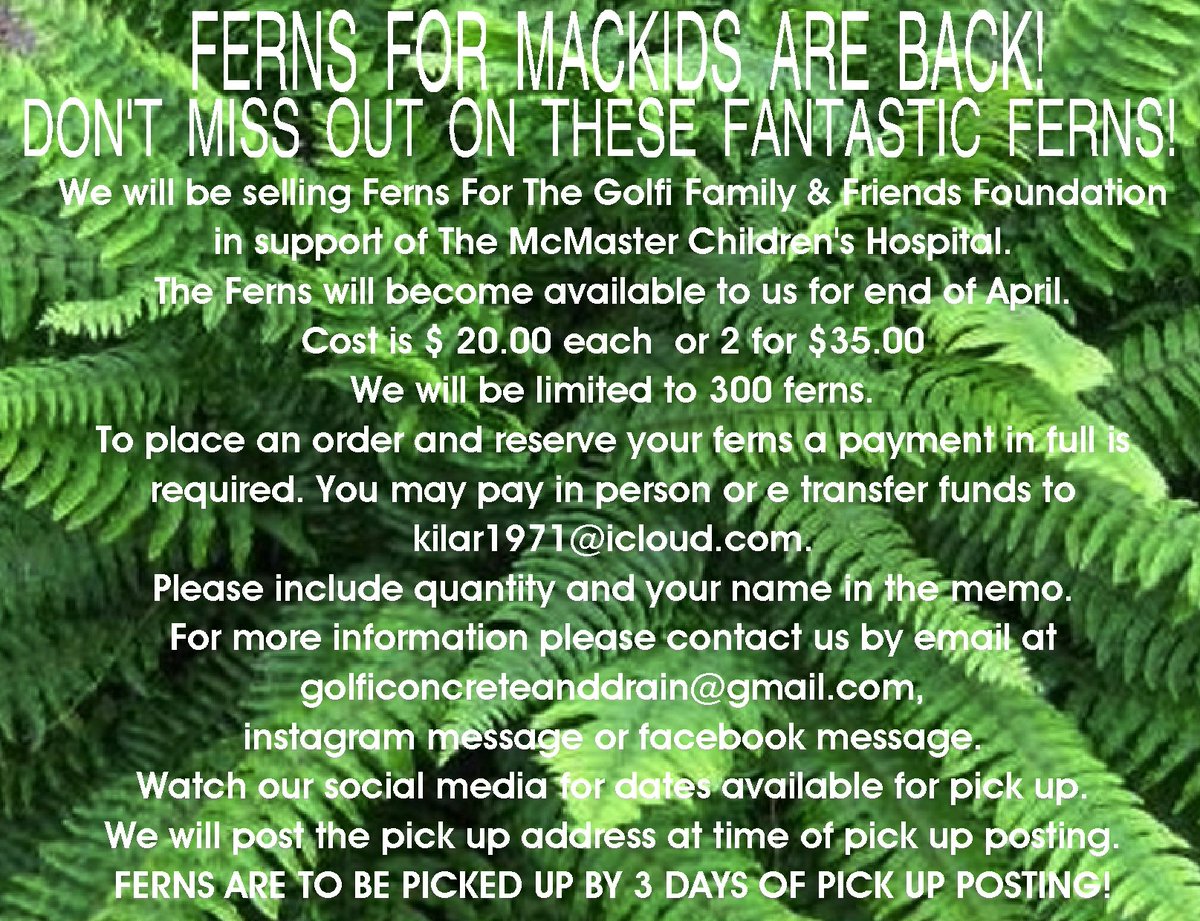 🌿 Swing into spring with the Golfi Family & Friends fern sale! 🌿 Support McMaster Children's Hospital Foundation and bring home a touch of greenery to brighten up your space. Purchase your ferns today and make a difference in the lives of children in need! 💚