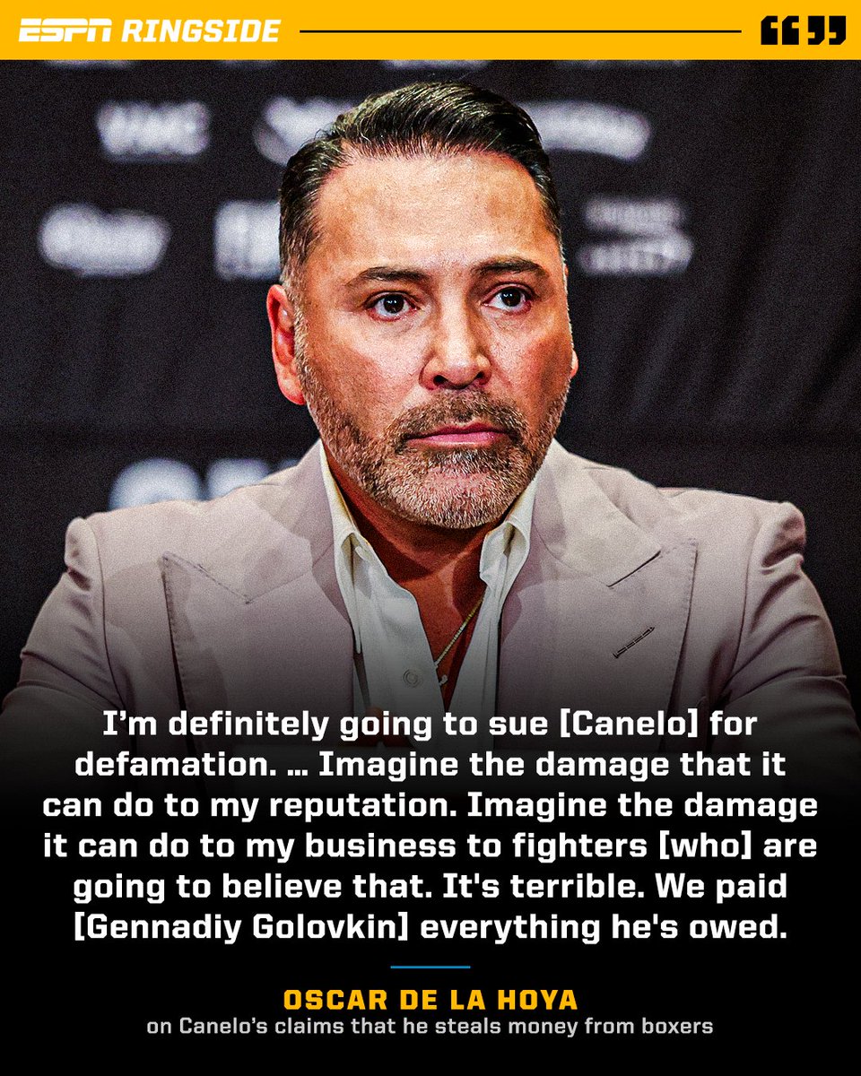 Oscar De La Hoya says he plans to sue Canelo Alvarez.