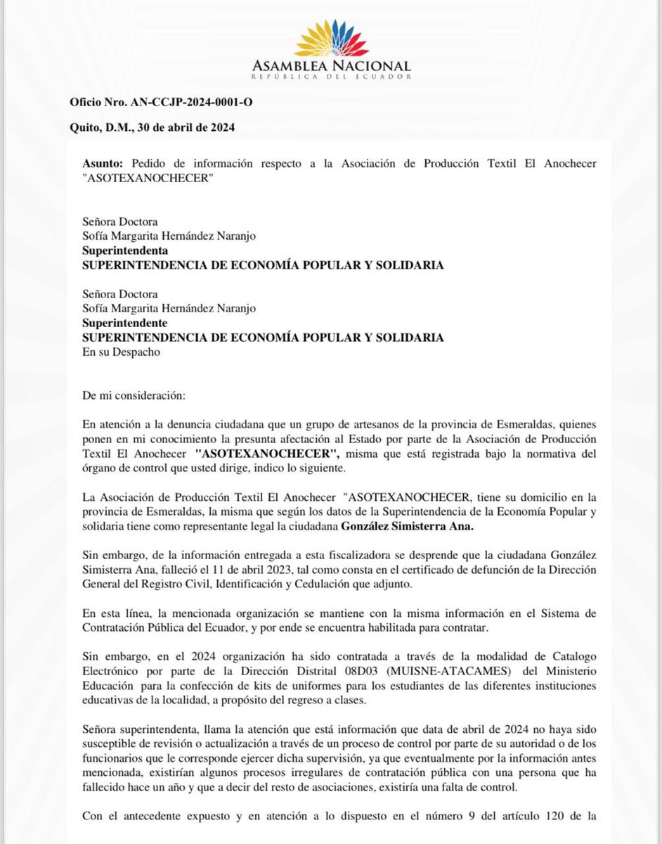 Resulta que en la base datos de la @Seps_ec aparece como representante legal de una organización habilitada, una persona fallecida hace más de un año. Lo grave es que este oferente ha estado operando normalmente en #Esmeraldas confeccionado uniformes escolares. Hemos hecho un…