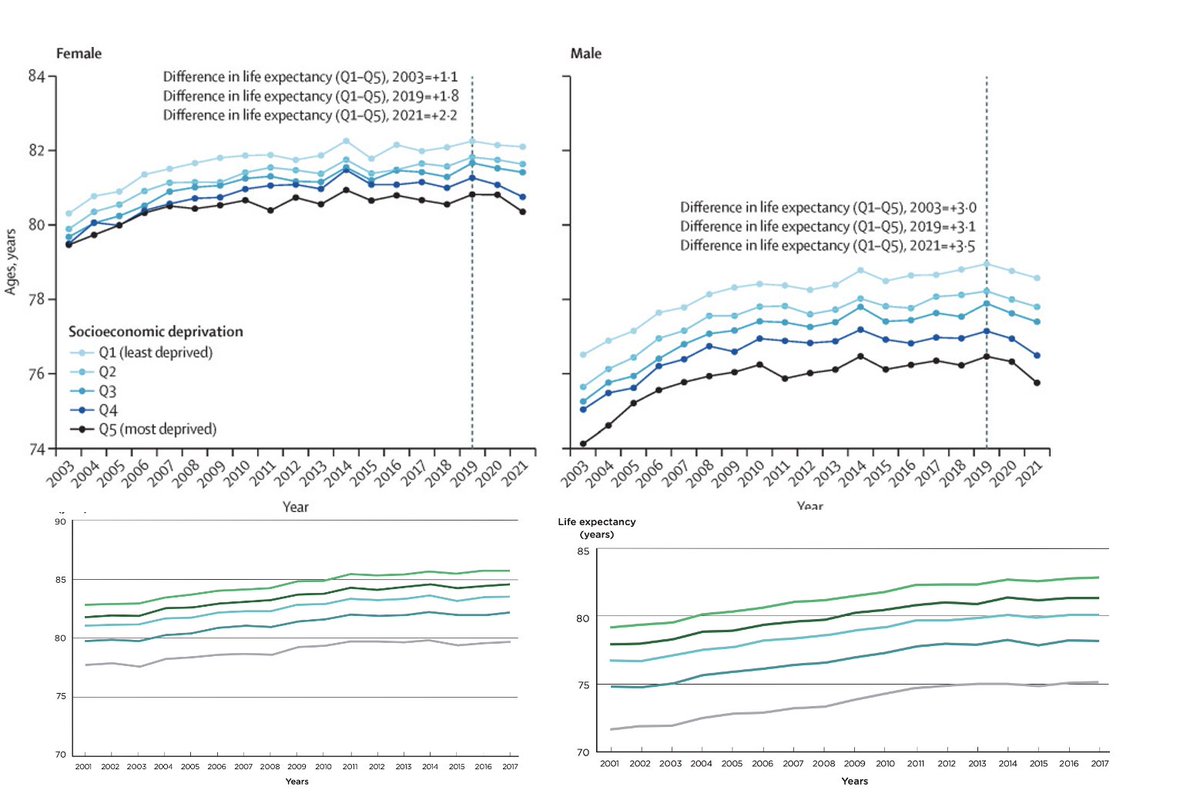 Interesting comparison of life expectancy data in DE (top - @rki_de) and UK (bottom - @marmotihe). Both countries have same 'flattening' of curve, but UK differences by deprivation are much larger. thelancet.com/journals/lanpu… instituteofhealthequity.org/resources-repo…