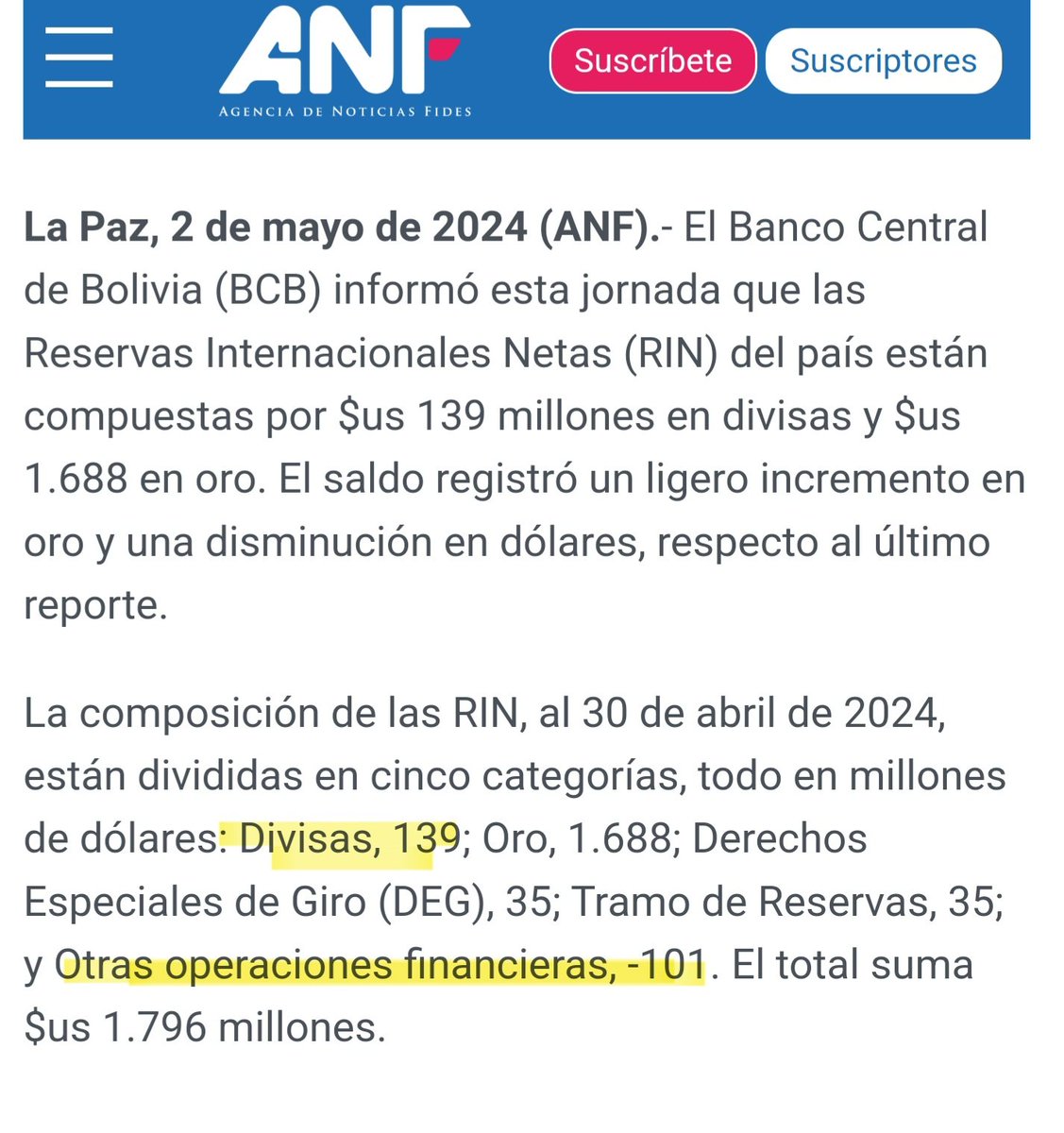 #Bolivia sin dólares, >$18.500 M se fueron en ~10 años de RIN, oro, DEG, encaje y fondos (ahorro, hidroc, FINPRO). Hoy quedan:
✓ $1.688 M oro (↓Q?, ↑precio) nos dicen, ¿cuánto es certificado? Por ley >22 TM. ¿Es así?
✓ Divisas $139M-$101M = $38 M netas. 
Crisis p saqueo azul.