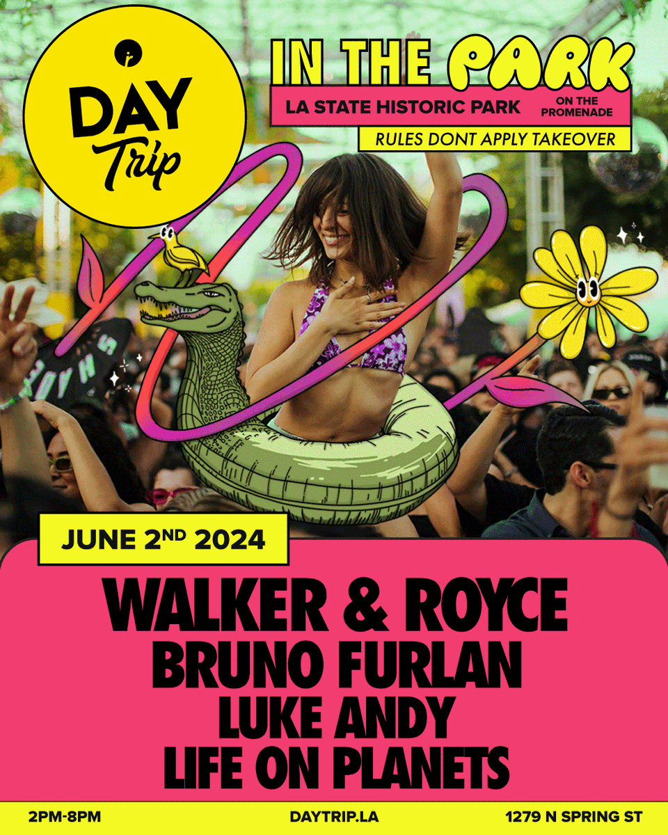 Might just shake it at this one 🐊🐥 @WalkerAndRoyce hit Day Trip In The Park for the Sunday edition of their two-part LA @RDA_records takeover! @djbrunofurlan, @lukeandymusic and @lifeonplanetsss round out the lineup for #HouseMusicAllDayLong ☀️ Tix → daytrip.la