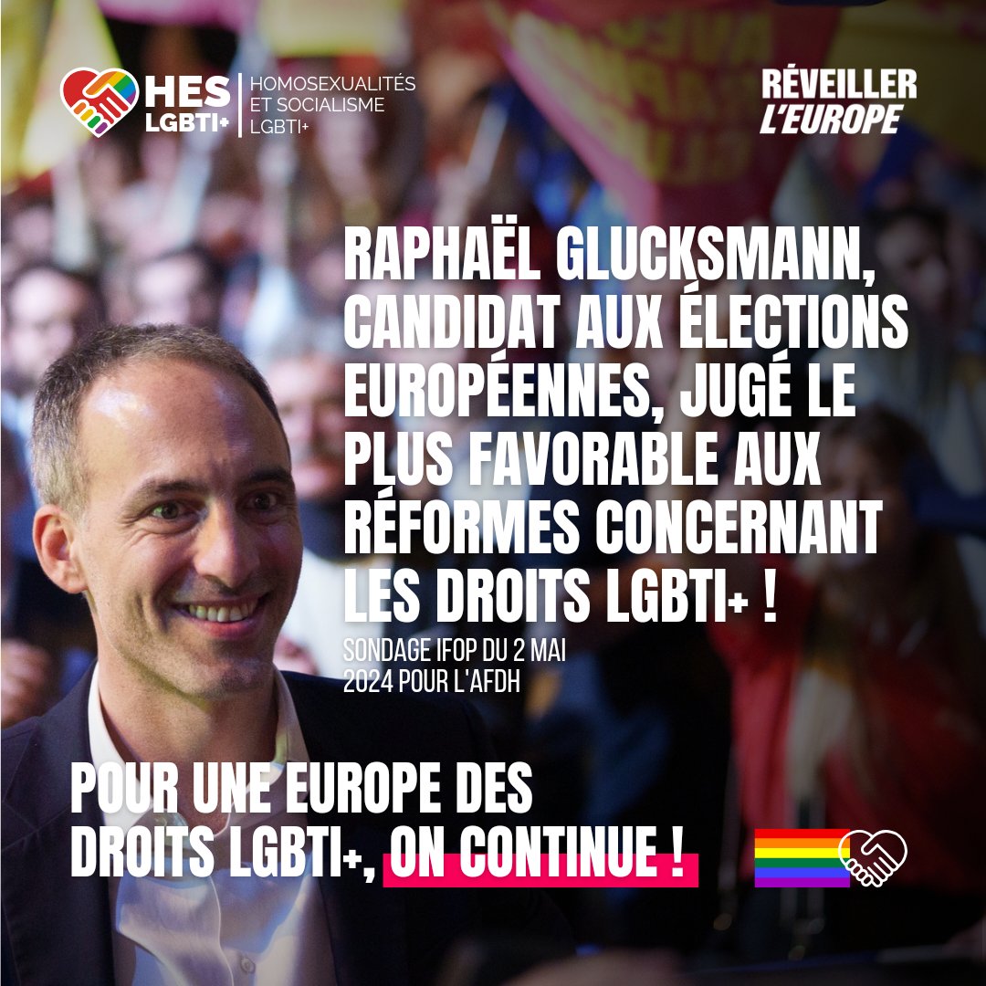 🚀 Raphaël Glucksmann est jugé comme le candidat le plus favorable aux réformes concernant les droits LGBTI+ ! 🏳️‍🌈🇪🇺 Le 9 juin, pour une Europe des droits LGBTI+, on vote pour Réveiller l'Europe !