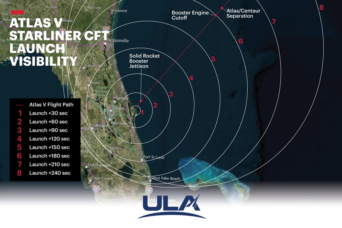 Wondering when and where you may see the #AtlasV #Starliner #CFT launch? The visibility map shows your best chances to see the rocket along the eastern seaboard of the U.S.! Launch is scheduled for May 6, 2024 at 10:34 p.m. EDT from Cape Canaveral, FL. bit.ly/av_cft