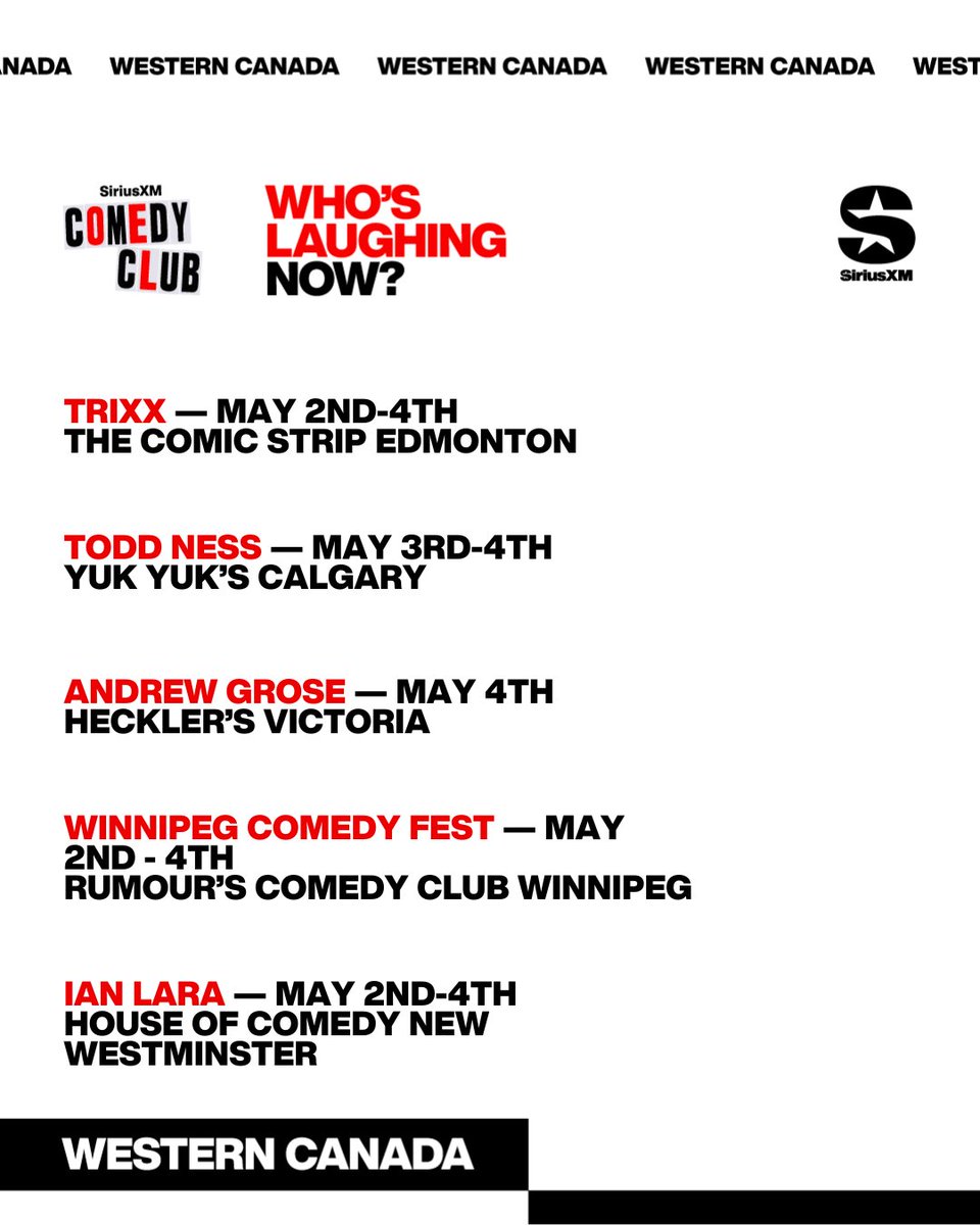 Check out some great comics live in action as #WhosLaughingNow shows off #WesternCanada’s #ComedyCalender for the 1st week of May.  

Get ready for some great laughs! 

Can't make it to a show? Then get your comedy fix by tuning into the #SXMComedyclub ch. 168!