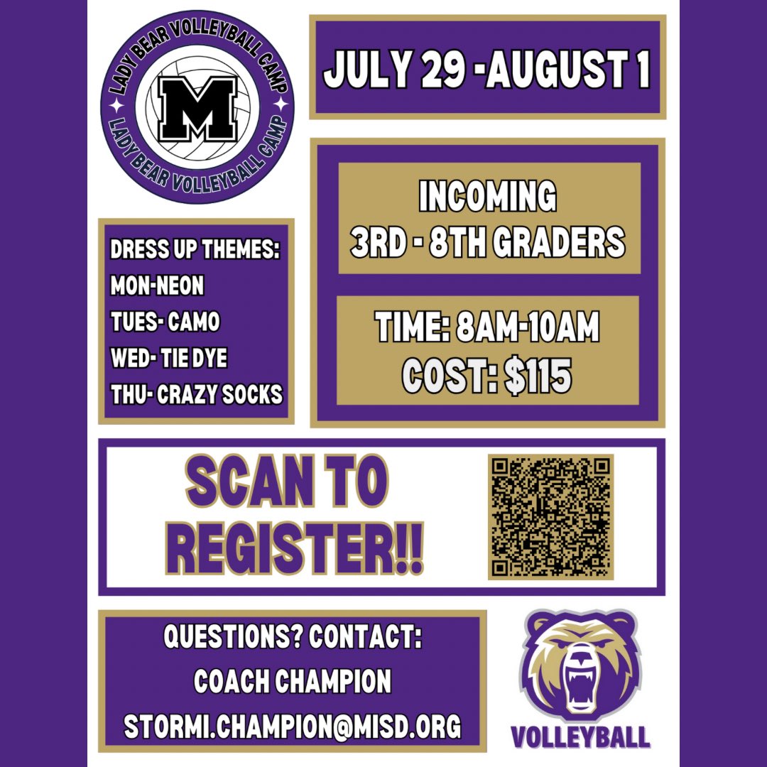 Registration for Lady Bear Volleyball Camp is officially open!! Do you have a 3rd-8th grader interested in volleyball?? We’d love to have them at camp this summer!!