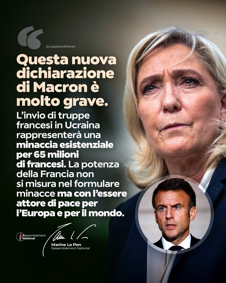 Saggia @MLP_officiel, condivido e rilancio le sue parole: è un onore averla come amica e alleata per riportare buonsenso e ordine in questa Europa senza bussola. 

La migliore risposta, a Macron e ad altri sconsiderati che giocano col fuoco, sarà quella che daranno i cittadini…