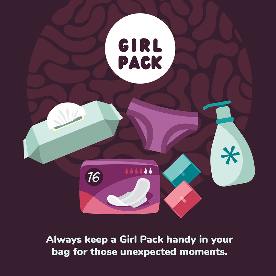 Quick period tip: Always keep a Girl Pack handy in your bag for those unexpected moments. Our packs include everything you need to stay fresh & confident during your period. Learn more about what's inside at girlpack.org. #PeriodTips #SanitaryCare #PeriodPacks 🎒