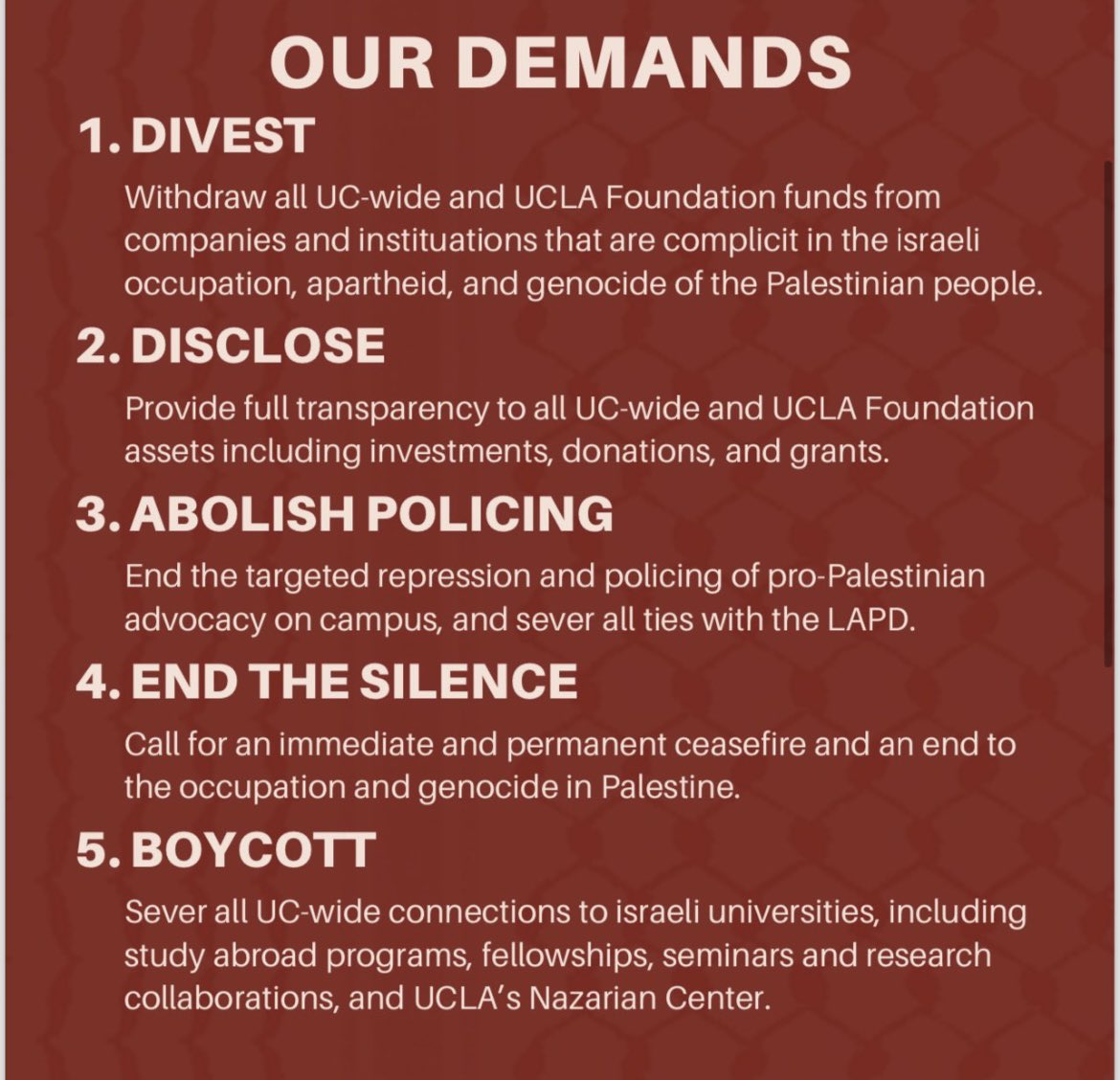 This morning I would like to lift up the statement issued by UCLA students on the night of April 30. I am haunted by this line: “The university would rather see us dead than divest.” I want to remind us all of their demands, those for which our students have risked everything.