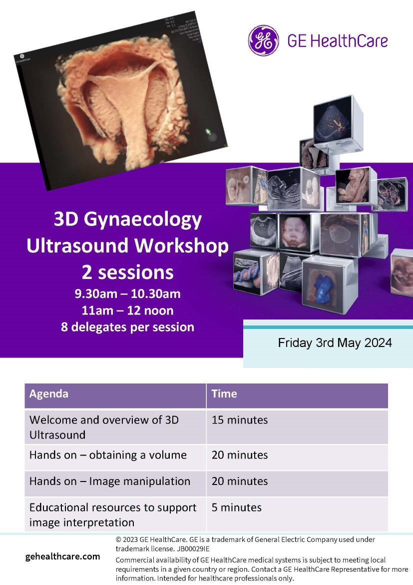 We have an exciting Friday morning workshop hosted by @GEHealthCare at #SHREG2024

They will be providing a short introduction to 3D gynaecology ultrasound utilising the latest ultrasound technology from GE Healthcare Voluson systems. 

We look forward to this hands on workshop!
