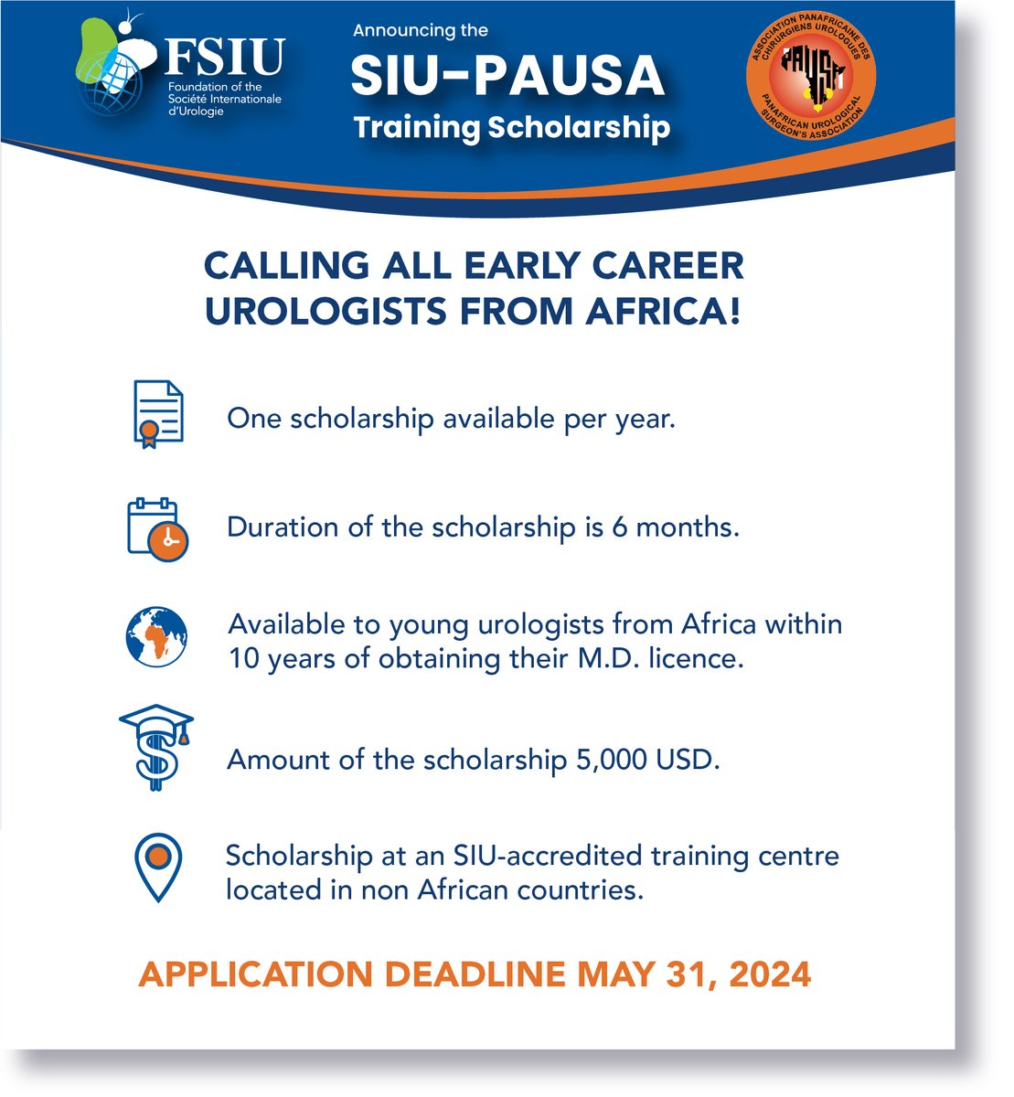 🥼🩺 Calling all early career urologists from Africa. The Société Internationale d’Urologie (SIU) and the Pan-African Urological Surgeons’ Association (PAUSA) have come together to offer a joint scholarship to provide young African urologists an opportunity to enhance their…