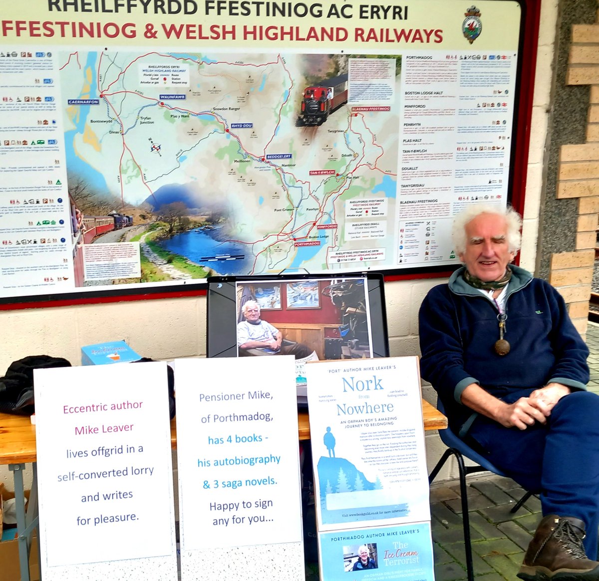 Join eccentric #NorthWalesSocial #author Mike Leaver at Ffestiniog & #Welsh Highland Railways @festrail station in Blaenau next #bankholidaymonday (6th) for #community #family fun day. 3 of Mike's 4 #books feature #railways or #mountains/#coast of #Eryri (#Snowdonia)! #NWalesHour