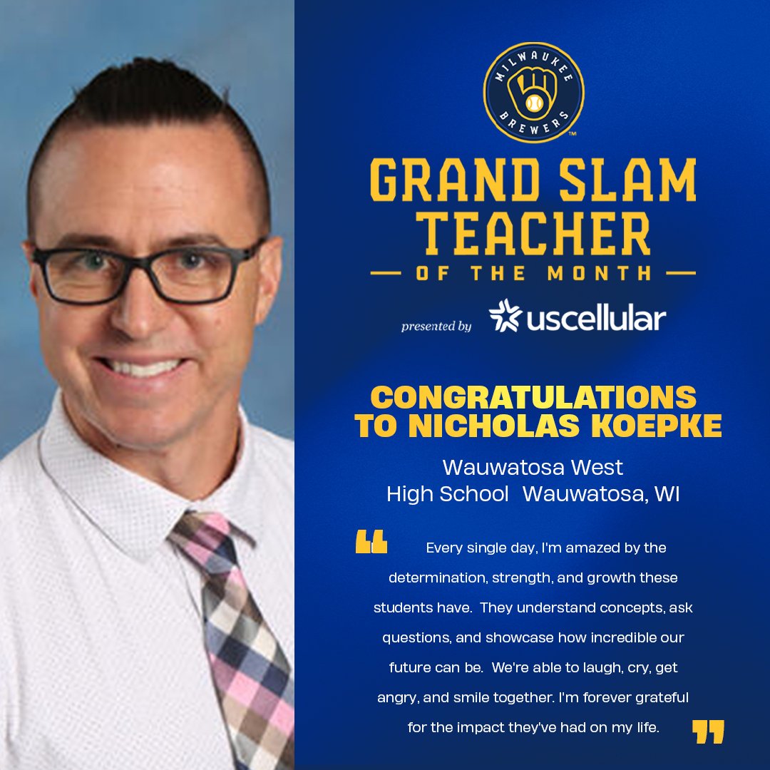 Nicholas Koepke of @TWTrojans has been named the Grand Slam Teacher of the Month by @brewers. ⚾ Congratulations on this well-deserved recognition! 🎉 #TosaProud