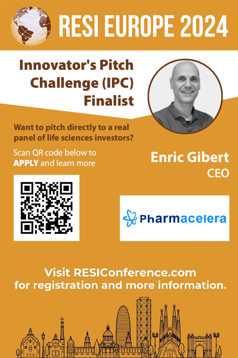 Congratulations to RESI Europe Innovator’s Pitch Challenge (IPC) finalist, @pharmacelera! CEO, Enric Gibert, will pitch on 6/17 in Barcelona. Each IPC session includes a Q&A with active #earlystage #investors. Apply: lnkd.in/ecwmixBH #RESI