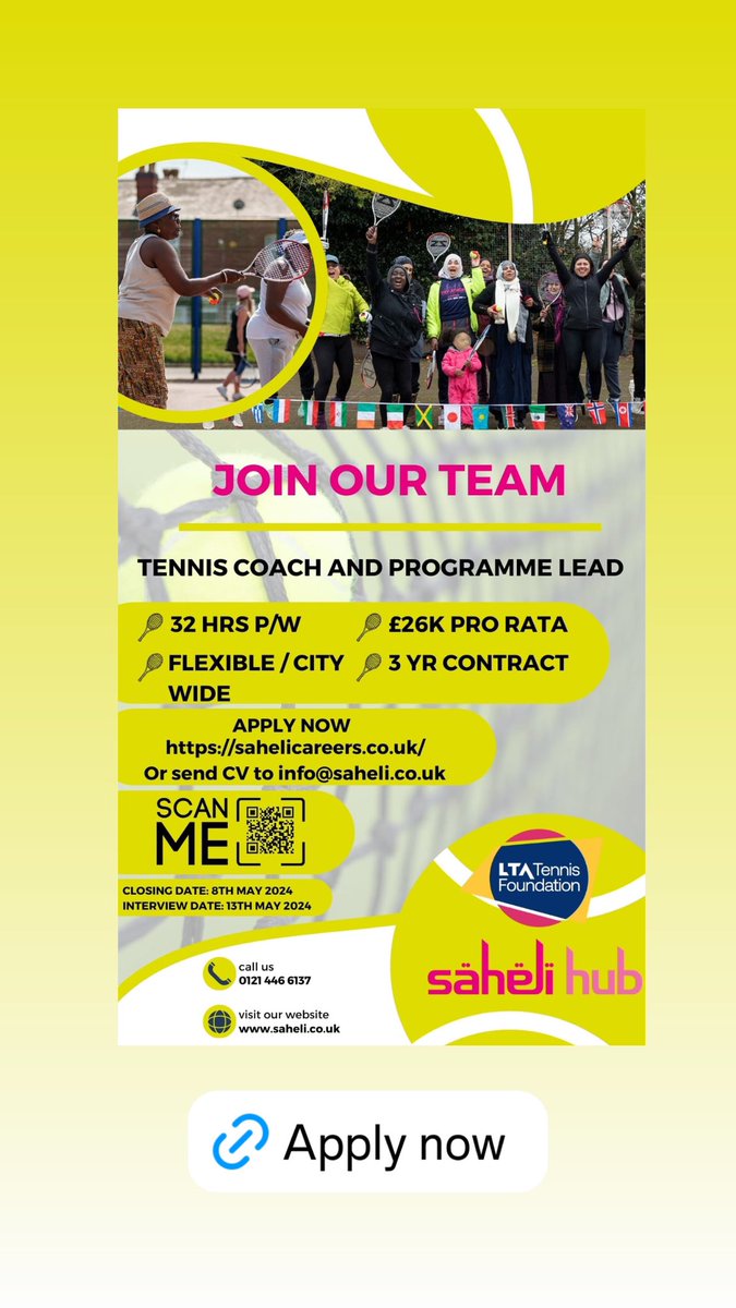 APPLY NOW sahelicareers.co.uk #tennis #tenniscoach