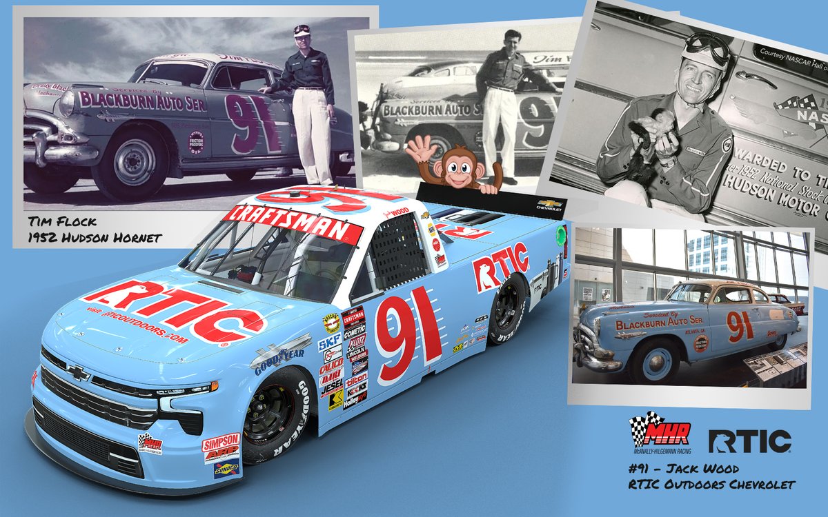 There's some monkey business going on... 🙈 @DriverJackWood will pay tribute to NASCAR Hall of Famer Tim Flock (and his co-driving monkey Jocko Flocko) at @TooToughToTame with @RTICCoolers on board! #NASCAR #NASCARThrowback