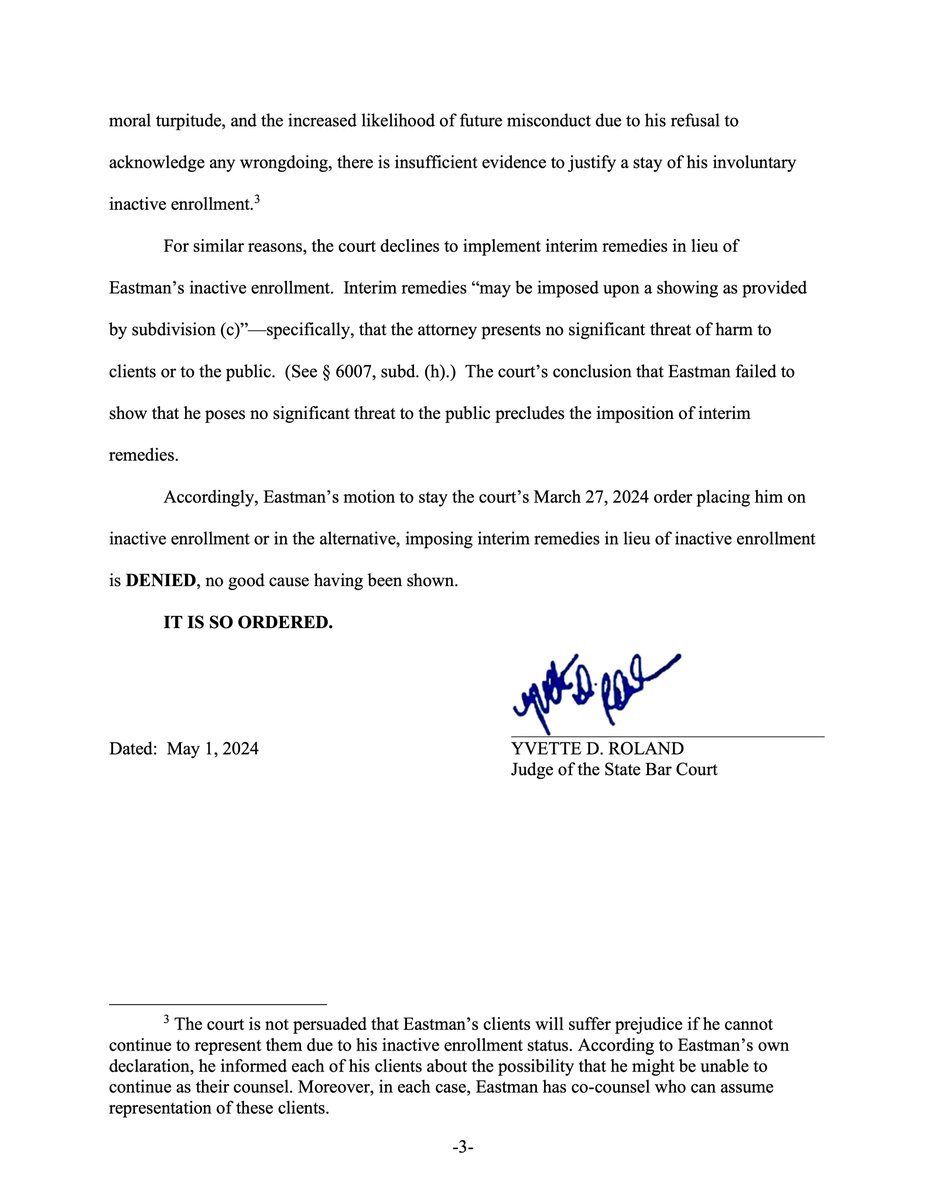 UPDATE: California judge rejects John Eastman's request to continue to practice law as he fights disbarment due to his election subversion efforts. The judge ruled that 'Eastman failed to show that he poses no significant threat to the public.'

🔗: democracydocket.com/wp-content/upl…