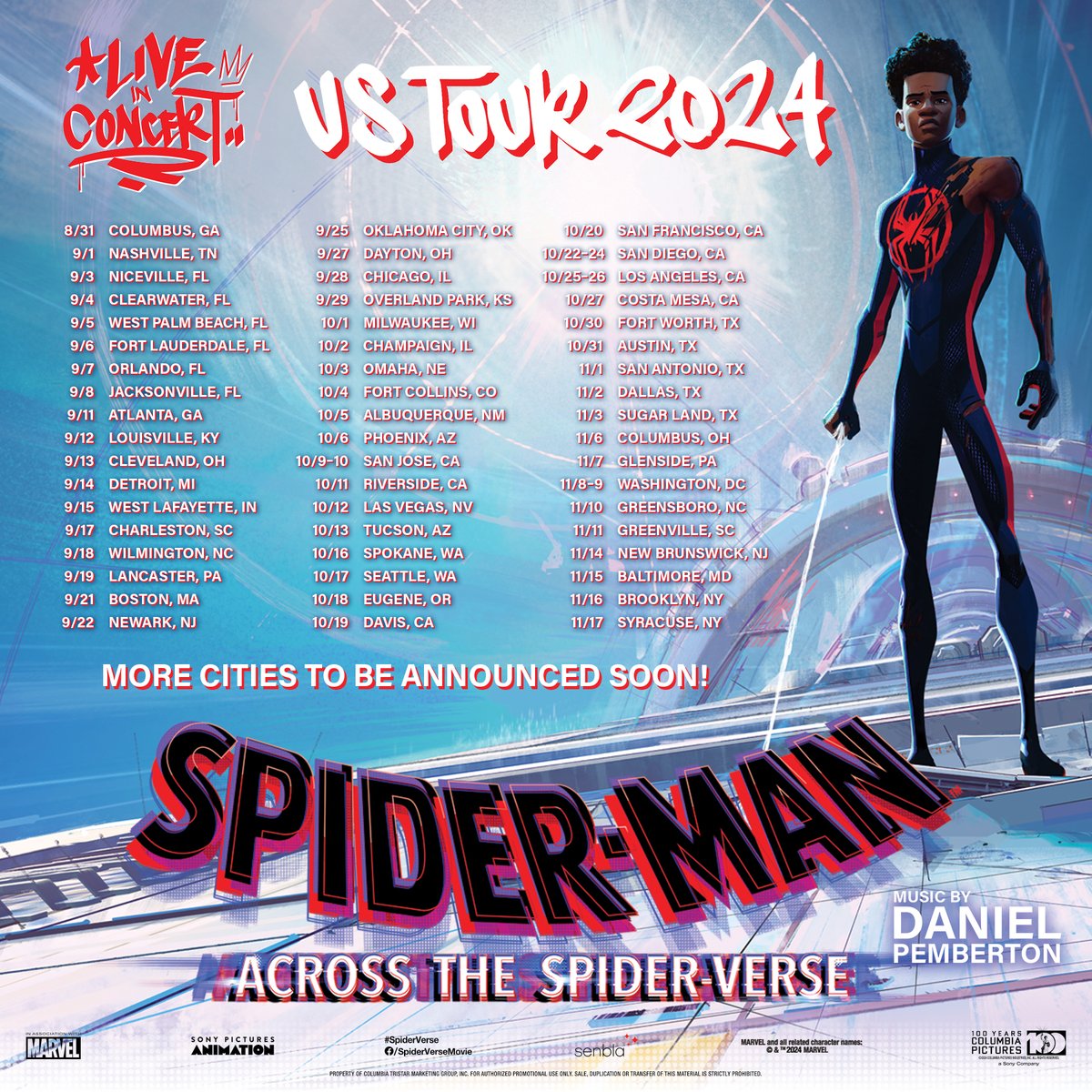 🚨 Tickets for Spider-Man: Across the #SpiderVerse Live in Concert (Most US Cities) are ON SALE today!

10AM Local Time
spiderverseinconcert.com/across

See Composer @DANIELPEMBERTON's score brought to life by a live orchestra and DJ, performing alongside our groundbreaking film.