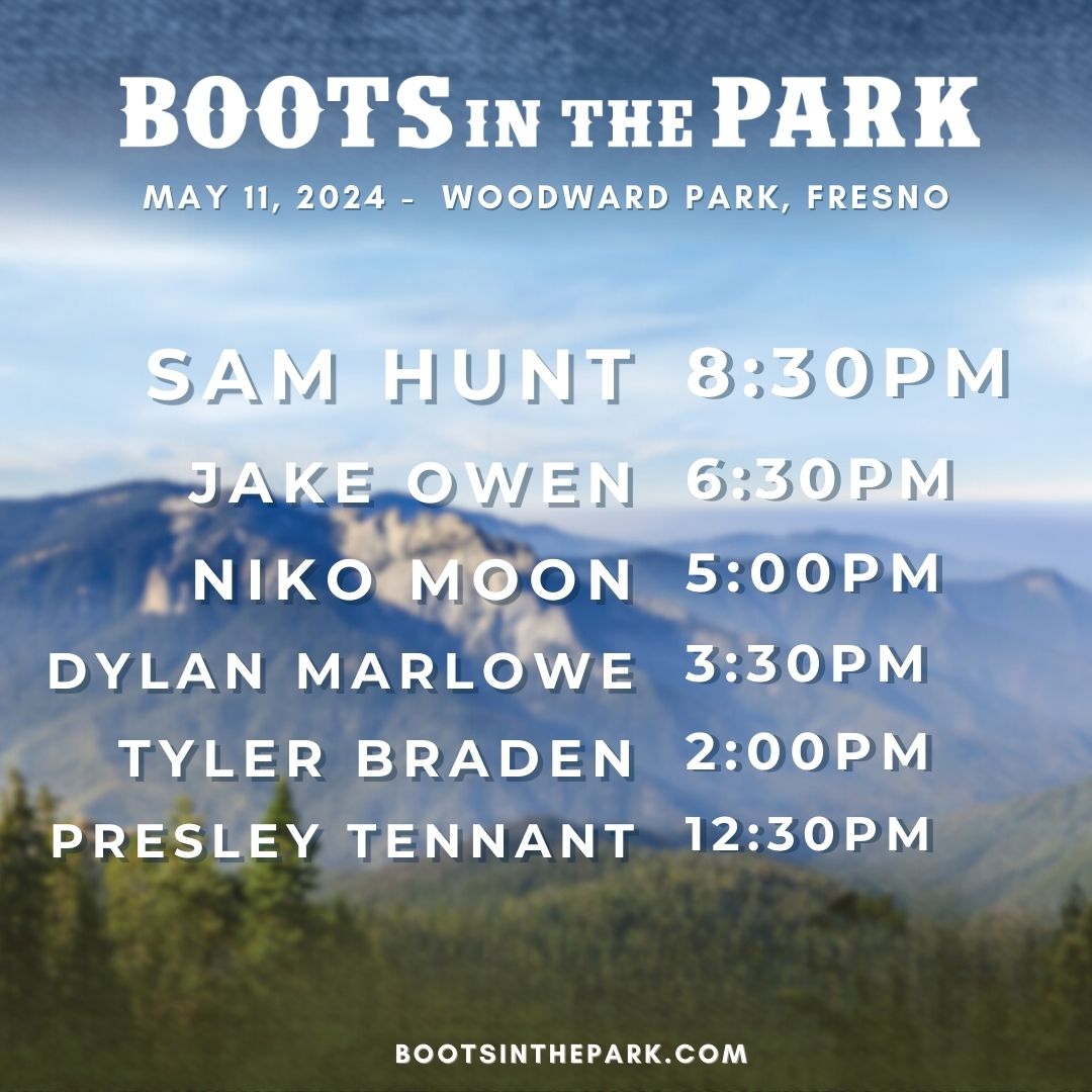 Are you ready, FRESNO?! Who are you most excited to see at #BootsInThePark ?! 👀🤩 @samhuntmusic @jakeowenofficial @nikomoon @dylanmarlowemusic @tylerbradenmusic @presleytennant #countrymusic #country #musicfestival #fresno #california