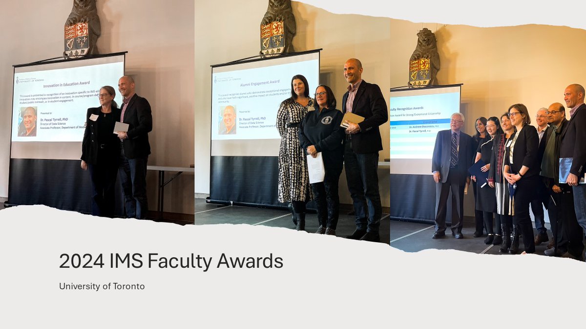Congrats to MI Dir. of Data Science Dr. @PascalTyrrell, who recently received the Innovation in Education Award, Alumni Engagement Award, Faculty Recognition Award for Exceptional Citizenship & Faculty Recognition Award for Exceptional Teaching at the 2024 IMS Scientific Day!