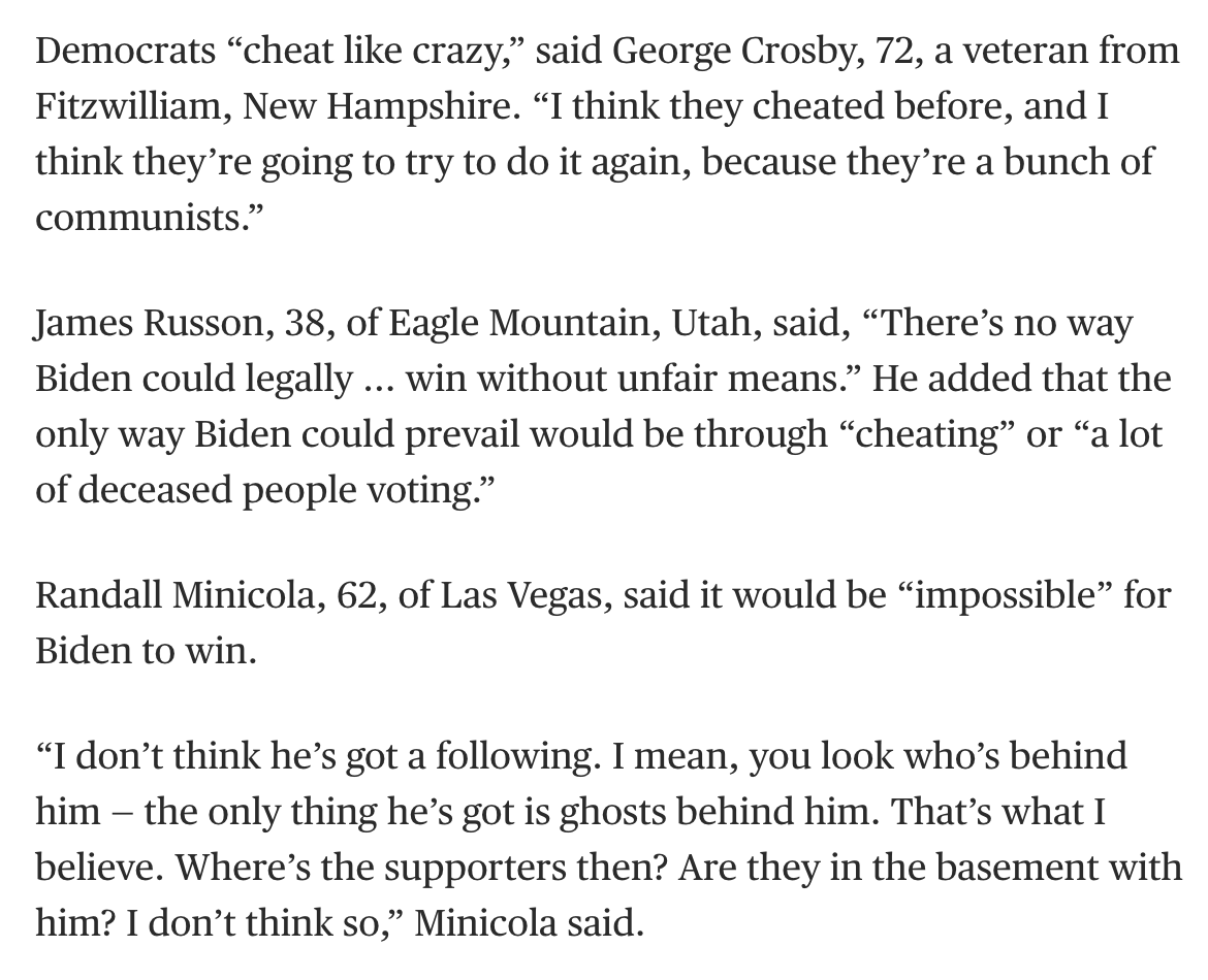 Excellent report from @AlexanderTabet, @JillianFrankel, @emmab929 @NnamEgwuon & @jake__traylor, who asked 50+ Trump backers if a Biden '24 win can be legit The responses show how, years later, Trump's 2020 claims are now conventional wisdom w/ supporters nbcnews.com/politics/2024-…