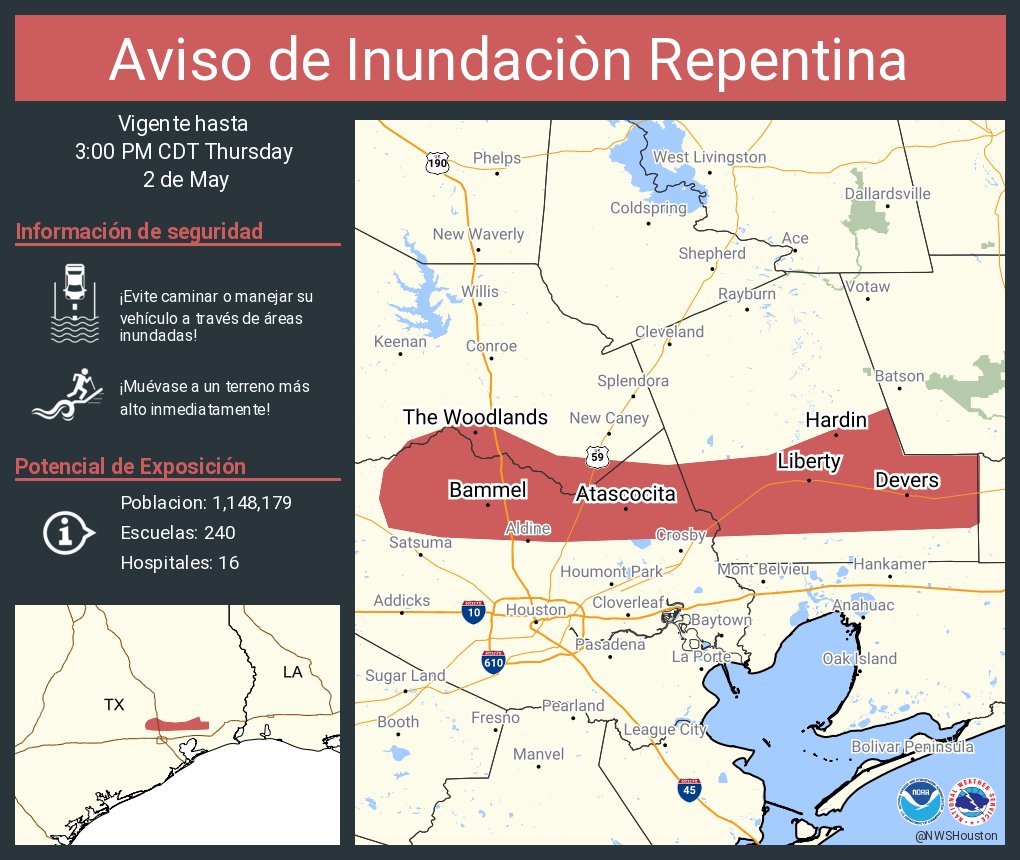 Aviso de Inundación Repentina continúa The Woodlands TX, Atascocita TX, Spring TX hasta las 3:00 PM CDT