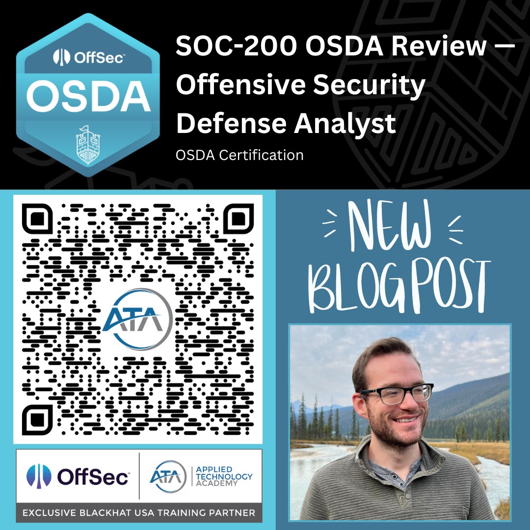 Another great blog post from Jake Mayhew! SOC-200 OSDA Review — Offensive Security Defense Analyst. Learn the process Jake followed to successfully pass the #OSDA Certification. appliedtechnologyacademy.com/soc-200-osda-r… #OSDA #TTPS #SEIM #Network #Linux @offsectraining