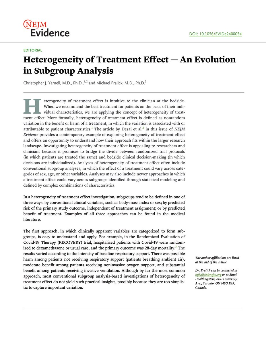 “When we recommend the best treatment for patients on the basis of their individual characteristics, we are applying the concept of heterogeneity of treatment effect.” Read the full editorial by Drs. Christopher J. Yarnell and @FralickMike: eviden.cc/3TuT2DP