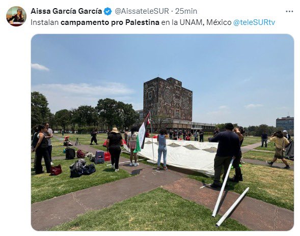 OJO Llega a México el primer campamento pro Palestina, - nada más y nada menos- que ¡en la UNAM! @UNAM_MX Señor Rector, le sugiero remueva ahorita a esos estudiantes, todavía está a tiempo. No han instalado la tienda de campaña. Esto puede crecer y ser algo muy rijoso,…