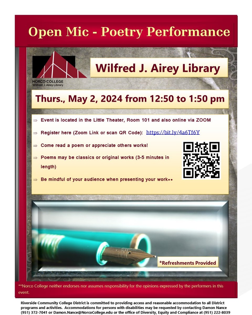 Calling all poets and poetry lovers… Come and present an original poem, another poet’s work you would like to share, or just listen and enjoy all of the wonderful poetry readings. Event will be In-Person in Little Theater OR Online at bit.ly/4a6Tf6Y