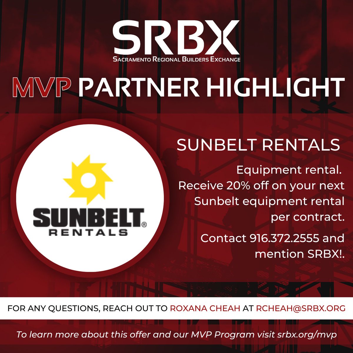 MVP Highlight of the Week: @SunbeltRentals! Looking to elevate your construction game? Look no further!  Receive a whopping 20% off on your next Sunbelt equipment rental per contract.  Don't miss this exclusive offer! Contact them at 916.372.2555. #EquipmentRental #SRBX