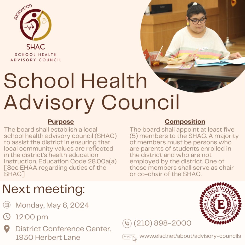Join EISD for the next Student Health Advisory Council (SHAC) meeting on Monday, May 6.