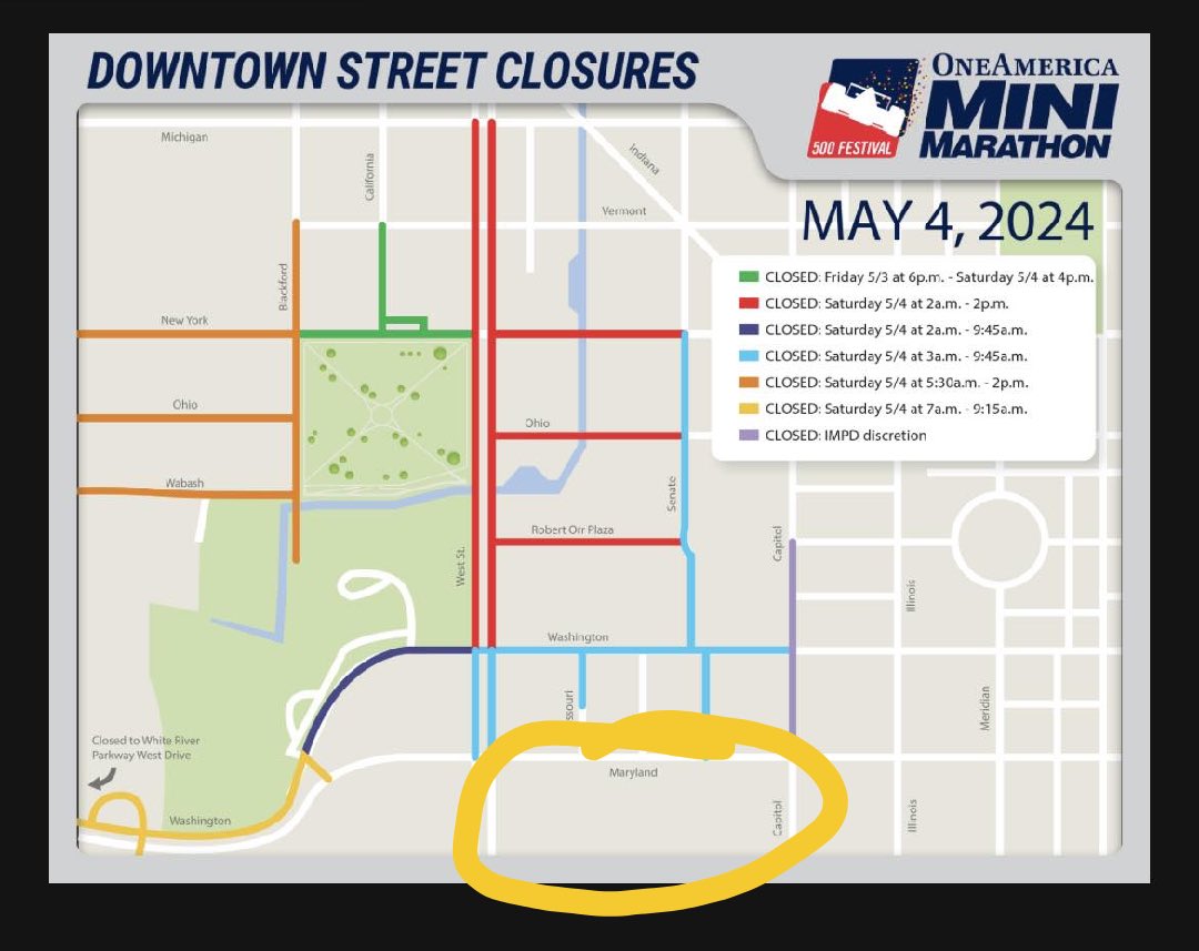 cschemanske's tweet image. This’ll be my only PSA for the weekend.

There are about 658ish different road closures in Indianapolis this weekend.  

I would be careful if I were driving in, especially knowing how many folks have (understandably!) stayed further out this time.