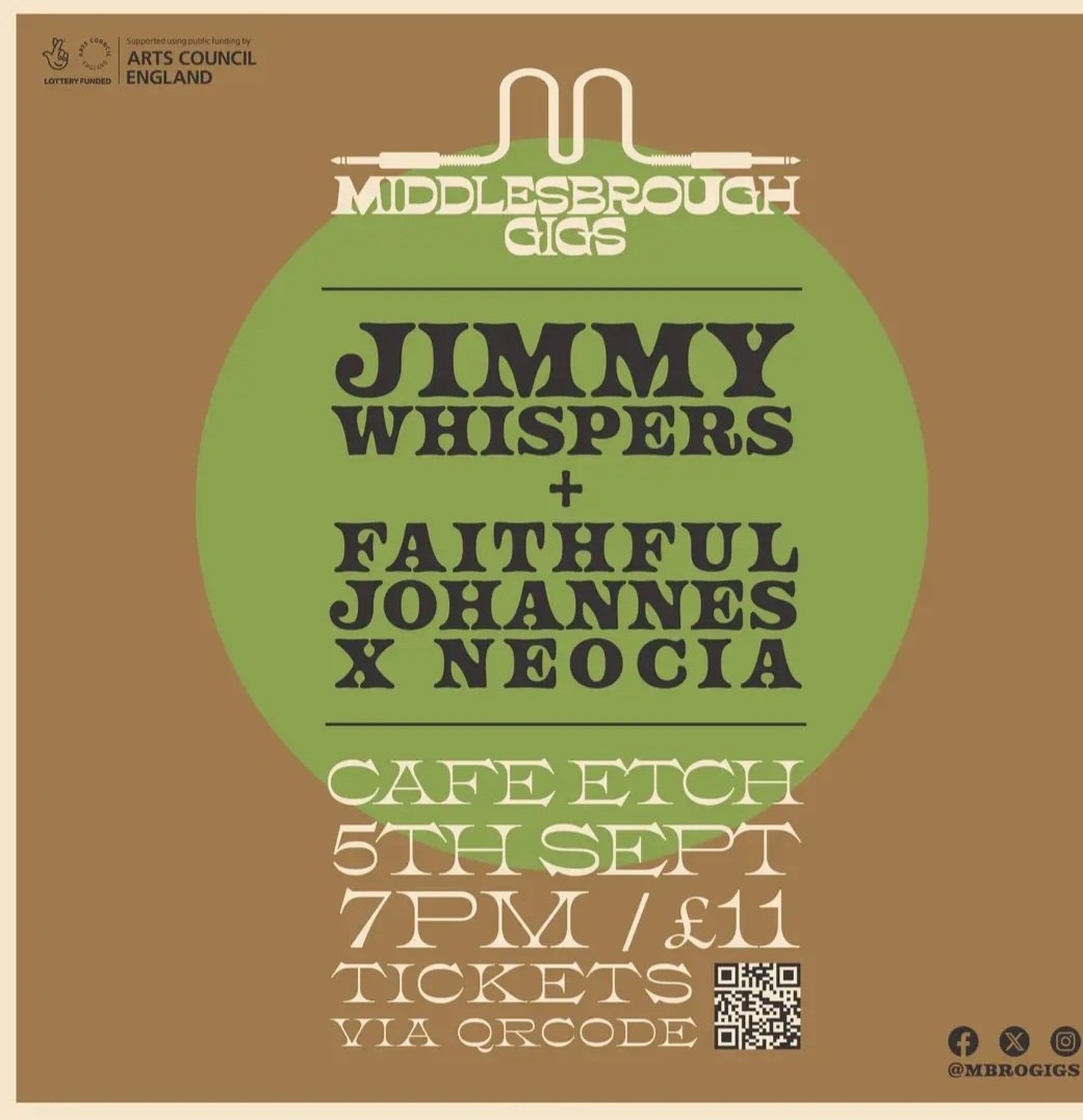 New show! We are thrilled to be welcoming @jimmywhispers (@carparkrecords) to Cafe Etch, Middlesbrough with support from @FJwords and @neocia__ on Thursday 5 September. Tickets: middlesbroughgigs.com Listen: youtu.be/tuYwgtuxlWQ?si…