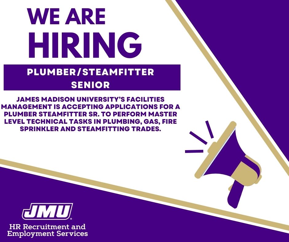 JMUJobs's tweet image. JMU is currently accepting applications for a Plumber/Steamfitter Senior!
Apply now for this opportunity: jobs.jmu.edu/.../plumber-st…...
#JMU #Jobs #JMUJobs #NowHiring #JamesMadisonUniversity #Plumbing #PlumbingJobs