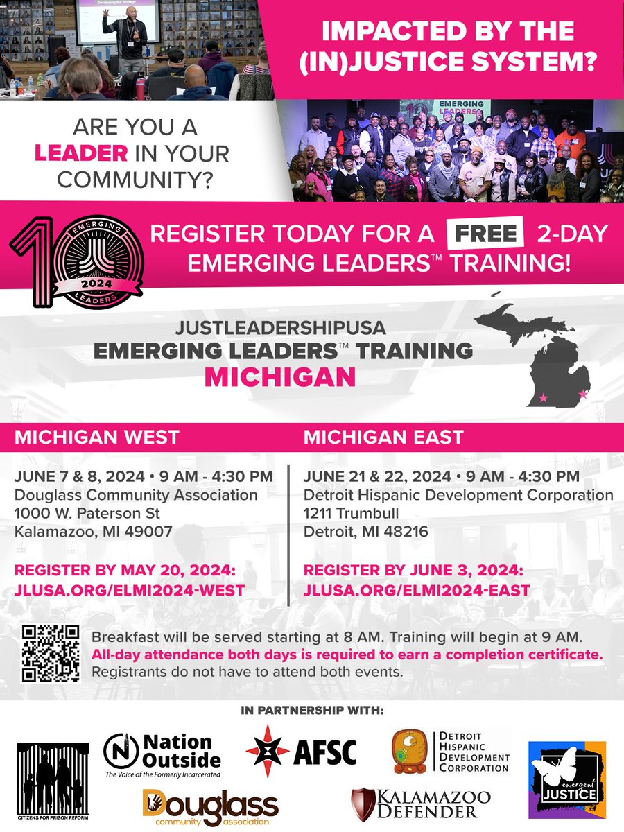 Are you formerly incarcerated? Justice-impacted? Or know someone who is? Registration is open now for FREE Emerging Leaders™ trainings in Kalamazoo, MI on June 7-8 and Detroit, MI on June 21-22! Secure your spot now at jlusa.org/elmi2024.