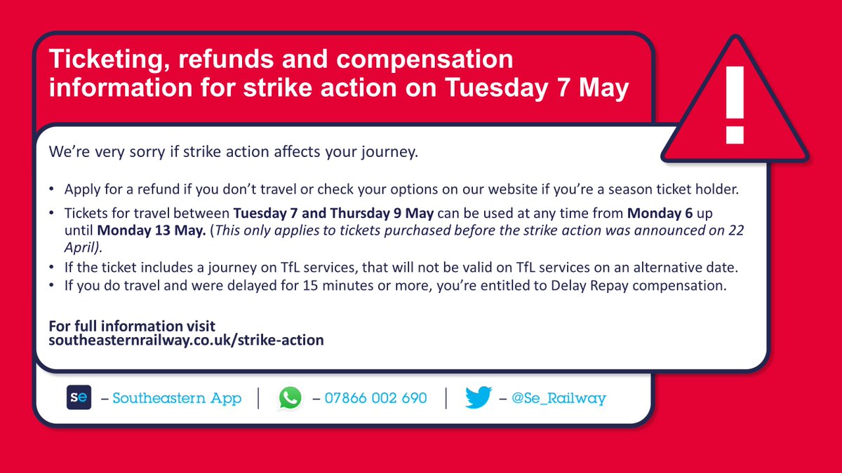 ⚠️Due to Strike Action on 7 May, there will a very limited Southeastern service and most routes & stations will be closed.
❗ Please only travel if absolutely necessary.
ℹ️ Ticketing and Refund information: bit.ly/3PgasQN #railstrike