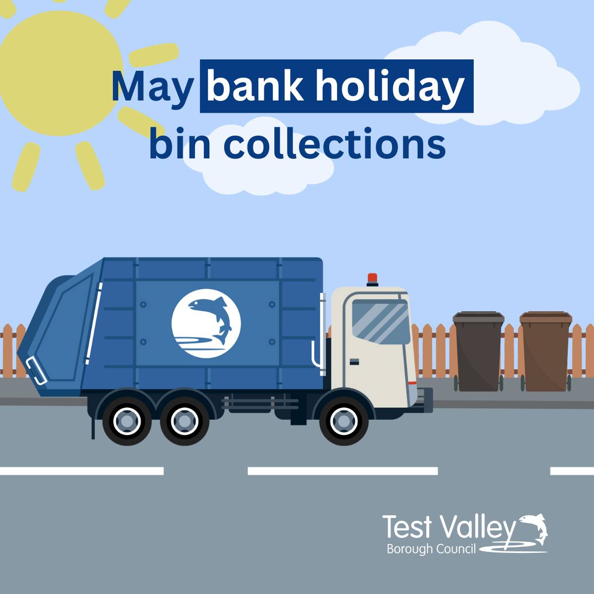 Due to the bank holiday on Monday next week, bin collections will take place one day later than usual in Test Valley. Please check our updated schedule online: testvalley.gov.uk/bins