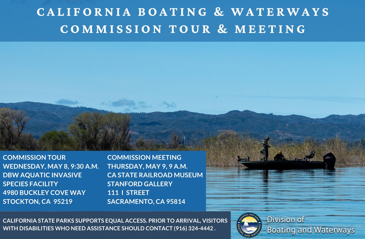 Info for next week’s @Boat_California Commission tour and meeting is available. Meet in Stockton on 5/8 at 9:30 a.m. Finish in Sacramento at Miller Park in the afternoon. You must RSVP by 5/3 for the tour. The meeting follows in Sacramento on 5/9. Visit parks.ca.gov/PublicNotices.