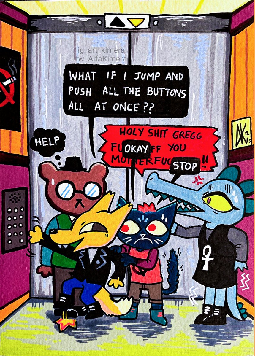 #Monthofmae2024 day 2: Elevator
'This world is full of CLOWNS.' 🐊🛗

#nightinthewoods #nitw #monthofmae