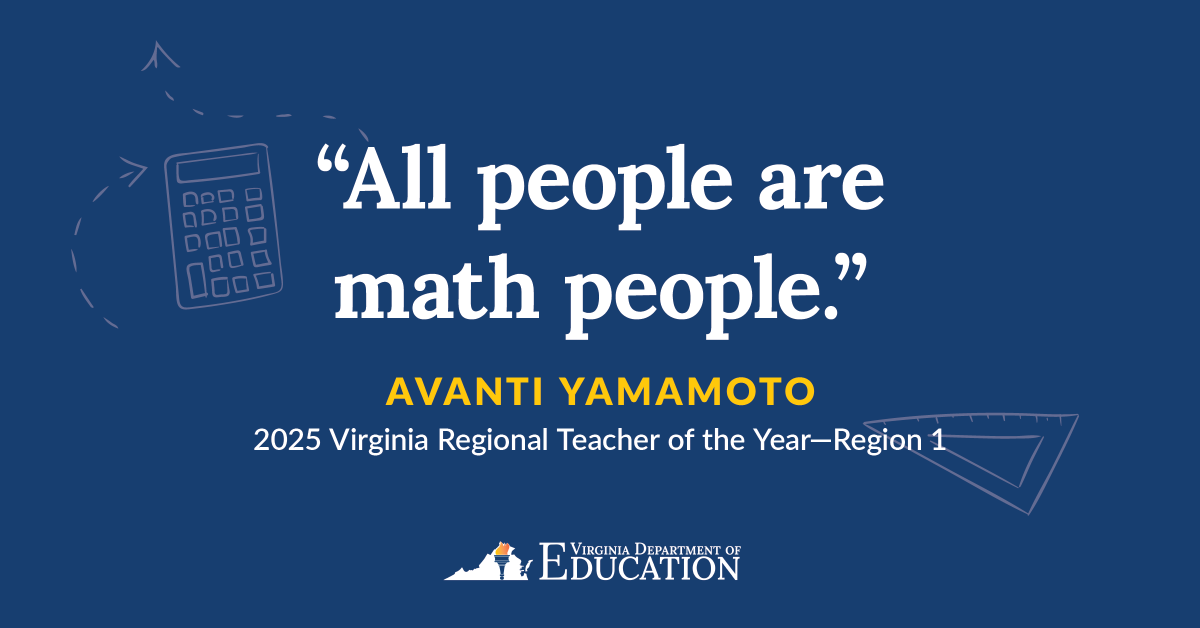 The 2025 Virginia Teacher of the Year will be announced May 6 by @GovernorVA. Will it be Region 1’s Avanti Yamamoto of @HanoverSchools? #VATOY2025 #ElevateEducatorsVA