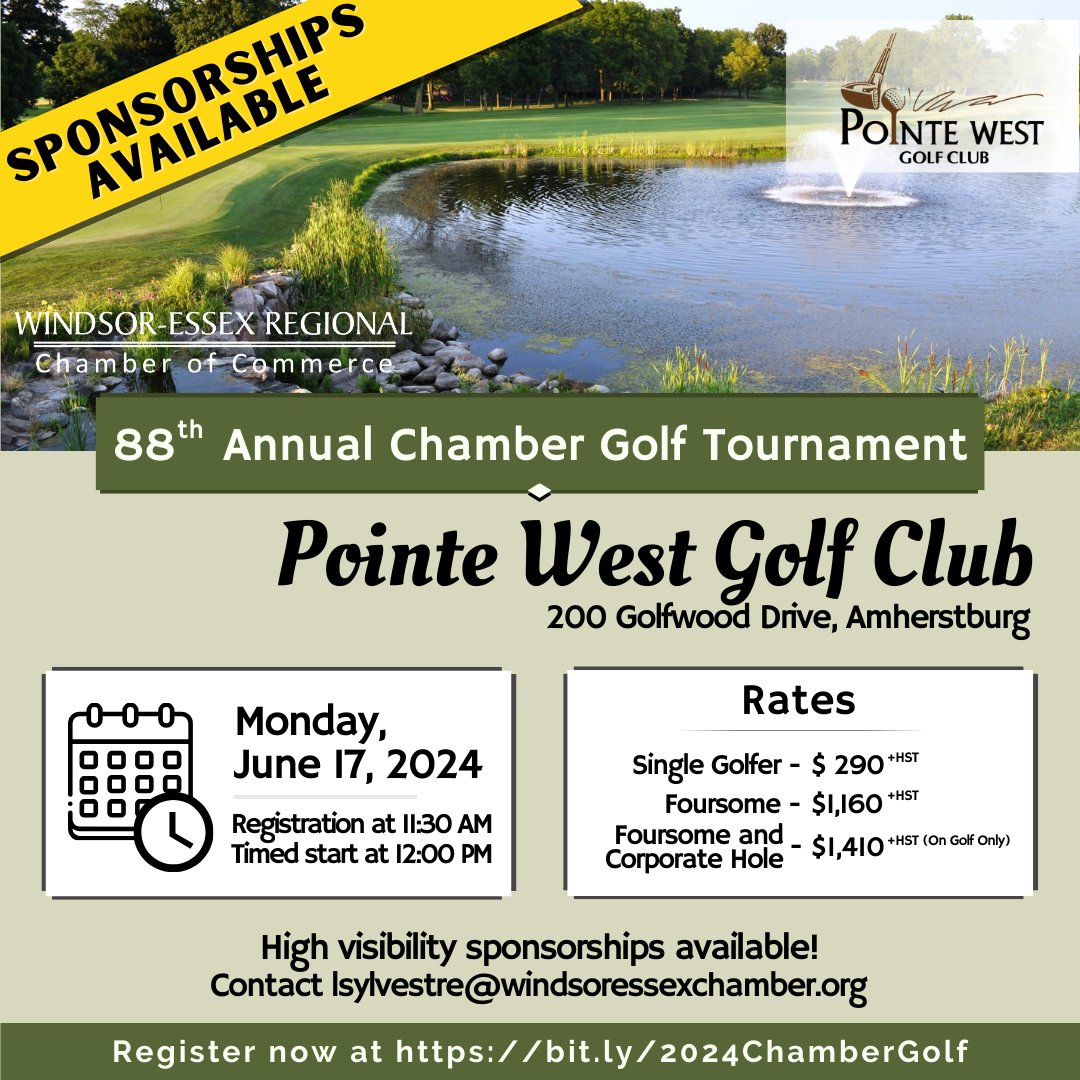 Join the @WERCofC at @PointeWestGolf for our 88th Annual Chamber Golf Tournament - the longest running corporate golf tournament in #WindsorEssex. There is also a variety of high-visibility sponsorship opportunities still available! Visit bit.ly/2024ChamberGolf for more info.