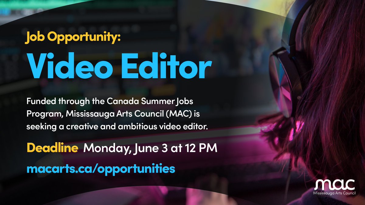 MAC is hiring a Video Editor! 🧑‍💻 Funded through the Canada Summer Jobs Program, MAC is seeking a creative and ambitious student/young professional (aged 15-30) to edit and film video content for MAC and Sauga Arts HUB. Apply by Mon, June 3 at 12PM. 🔗 macarts.ca/opportunities
