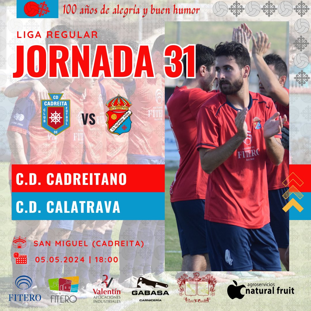 PREFERENTE | Este domingo el C.D. Calatrava se desplazará a Cadreita para enfrentarse al C.D. Cadreitano. ¡Os esperamos a todos en el San Miguel!

⚔️ C.D. Cadreitano
🏆 Jornada 31
🏟️ "San Miguel" Cadreita
📅 Domingo 5 de mayo, 18.00

#100añosdealegríaybuenhumor