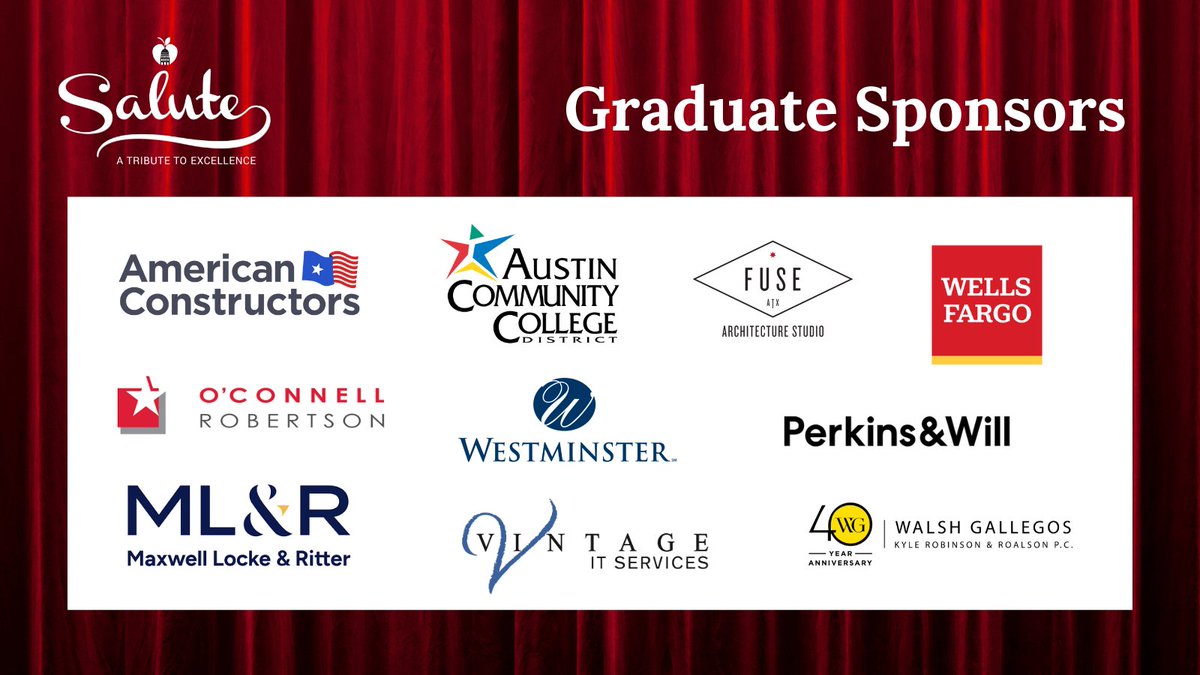 We'll be featuring our #Salute2024 Sponsors leading up to the big event on May 8! Graduate Sponsors include American Constructors, @accdistrict, Fuse Architecture, Maxwell, Locke & Ritter, O'Connell Robertson, @perkinswill, Walsh Gallegos, Westminster, & @VintageITS. #thankyou