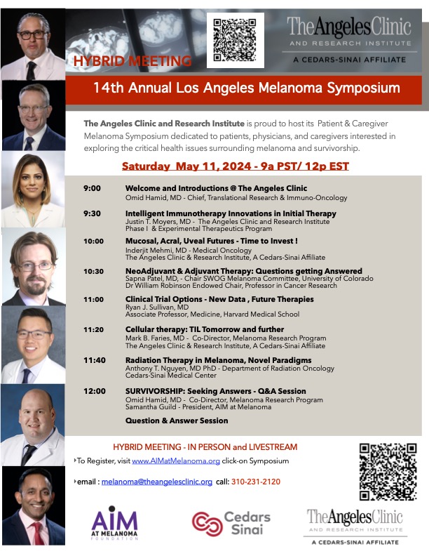 The 14th Annual Los Angeles Patient & Caregiver Melanoma Symposium will be held virtually and in-person on 5/11 at 9am-12pm PT. Patients, physicians and caregivers can learn about critical health issues around #melanoma & #survivorship. @TheAngelesClinic aimatmelanoma.org/melanoma-learn…