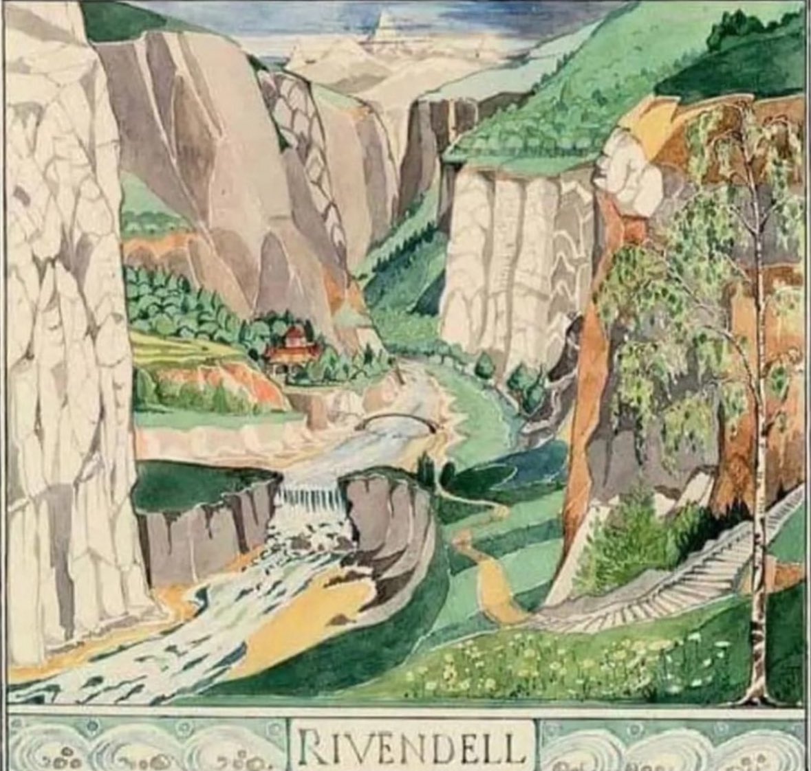 JRR Tolkien’s “The fair valley of ‘Rivendell’. His art is just as distinctive as his writing #fantasyart #lotr