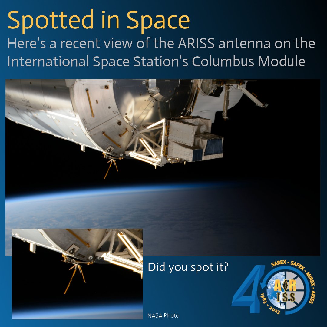 One of our eagle-eyed team members at JSC spotted this picture of the @Space_Station Columbus Module that includes the ARISS #AmateurRadio antenna!