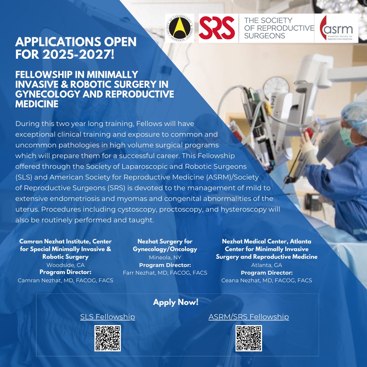 Exciting Fellowship Opportunities in Minimally Invasive & Robotic Surgery in Endometriosis Management! 🎉 Join renowned surgeons Dr. Camran Nezhat in Woodside, CA, Dr. Farr Nezhat in Mineola, NY, or Dr. Ceana Nezhat in Atlanta, GA for a transformative training experience!